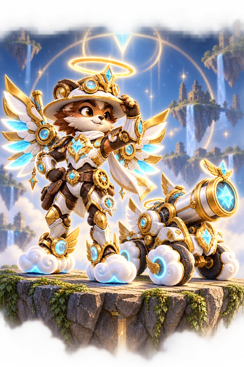 Angel Set concept with celestial armour, wings, cloud shoes and matching artillery mobile