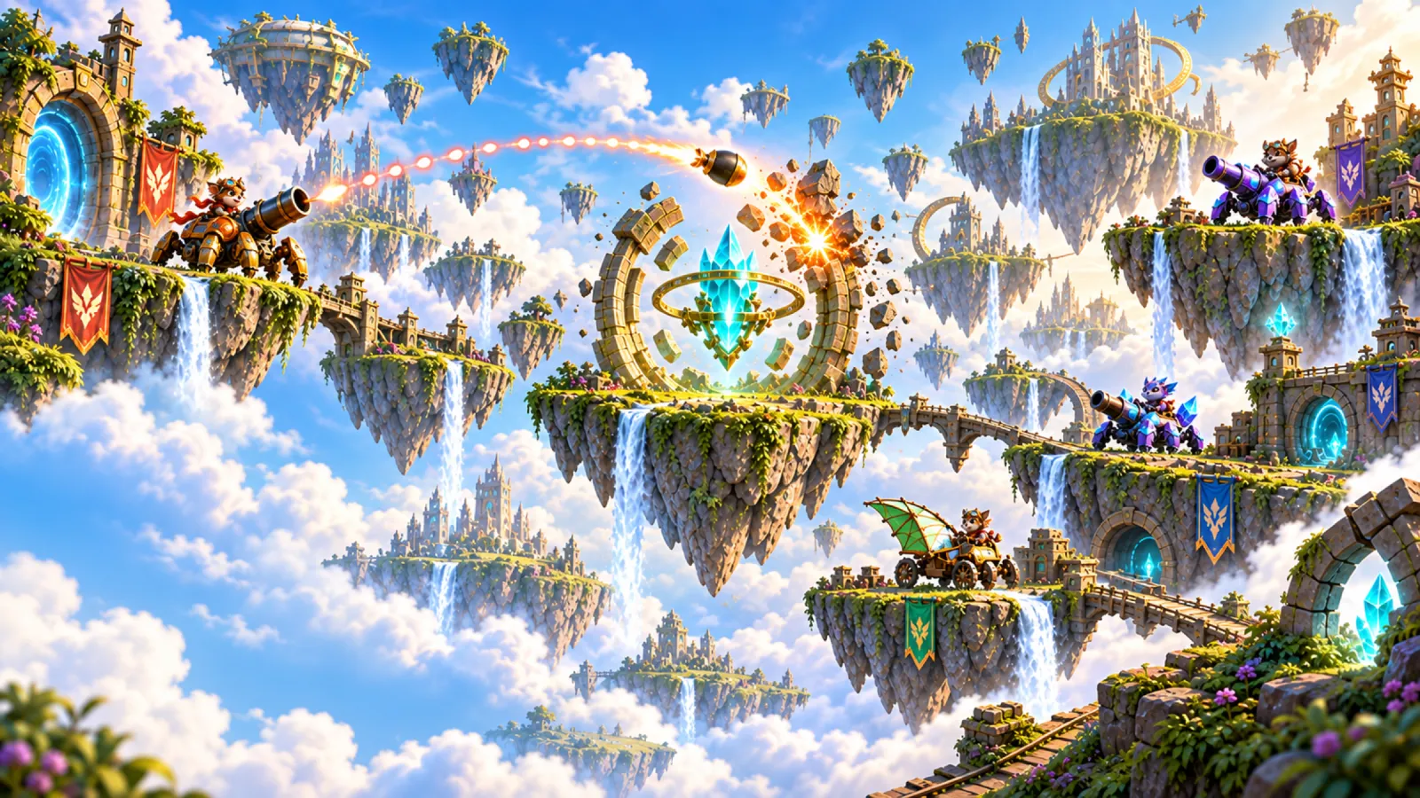 Concept battle across floating islands with fantasy artillery vehicles
